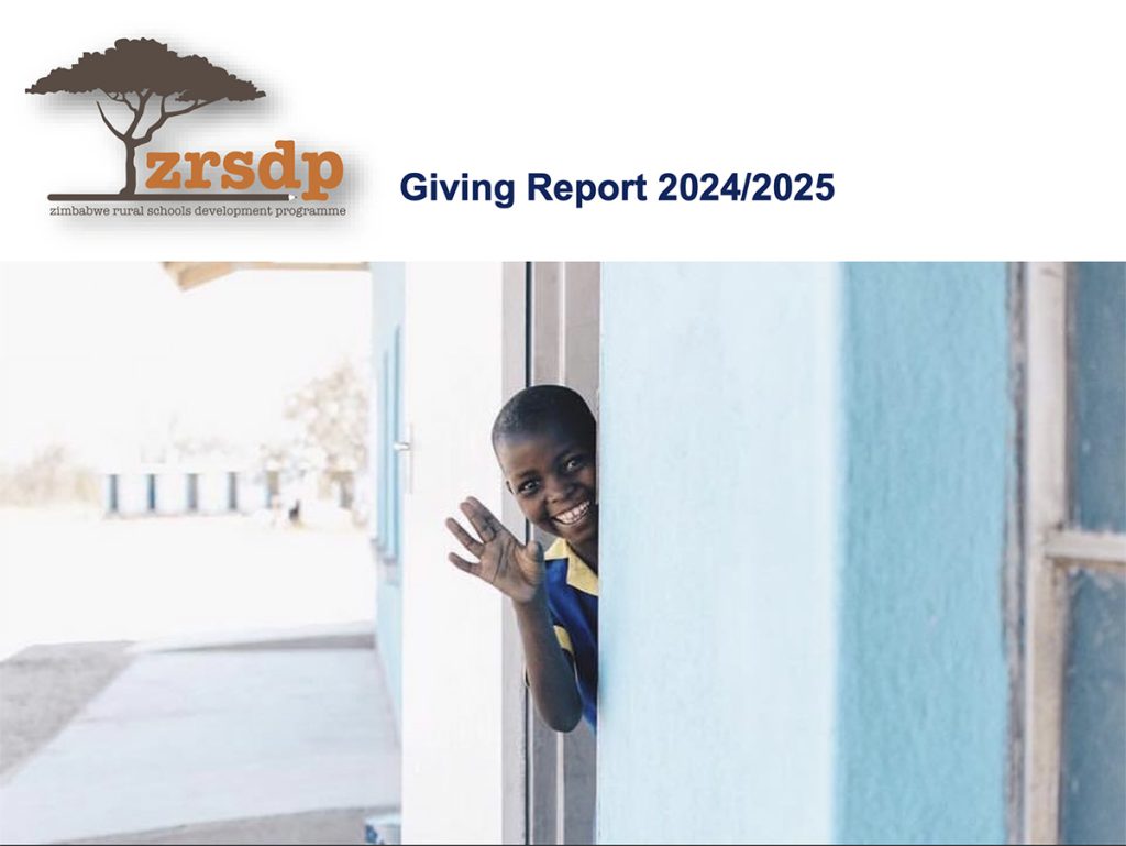 ZRSDP Giving Report 2024/2025 cover, featuring the ZRSDP logo and a smiling schoolboy in uniform waving from a doorway at a rural Zimbabwe school.